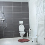 Toilet en douche in een compacte badkamer van een houten recreatiewoning